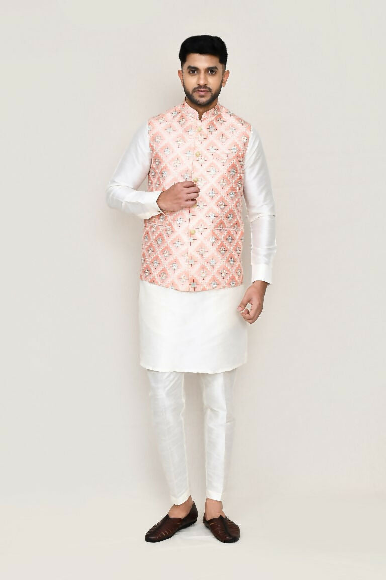 Joban Fashion White Colored Art Silk Fabric Kurta, Jacket With Straight Fit Pant