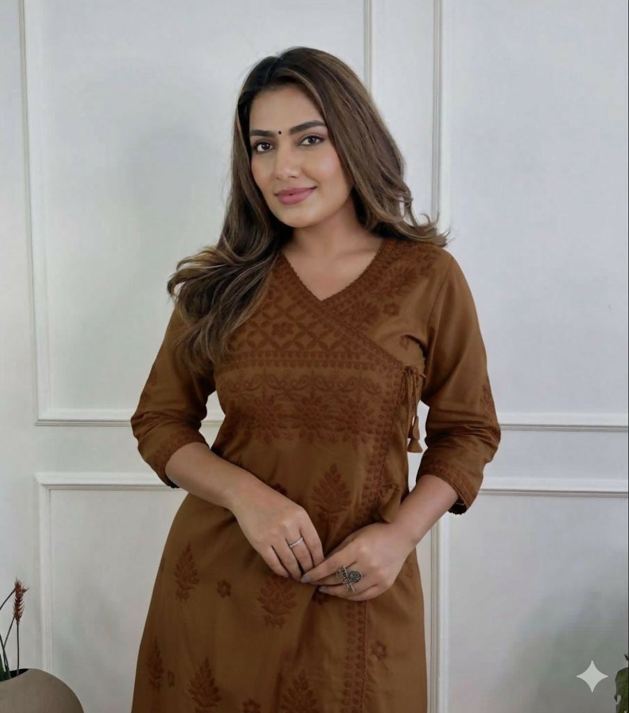 Miravan Womens Brown Floral Printed Angrakha Style Kurta With Palazzo