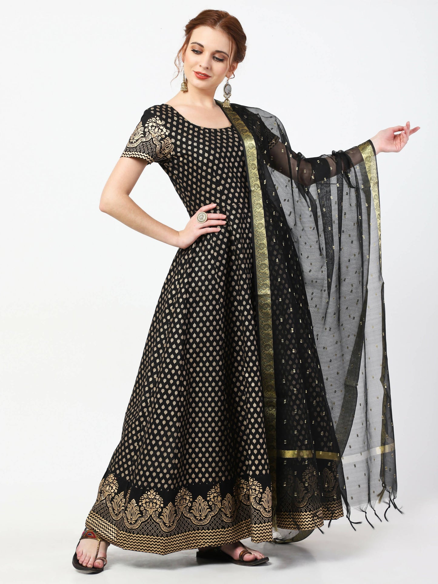 Cheera Women's Black Cotton Hand Block Print Long Dress With Silk Dupatta Set