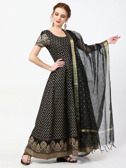 Cheera Women's Black Cotton Hand Block Print Long Dress With Silk Dupatta Set