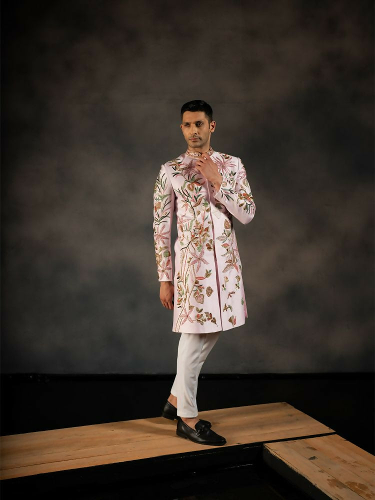 Pink Hand Embroidered Indowestern Sherwani by Hilo Design