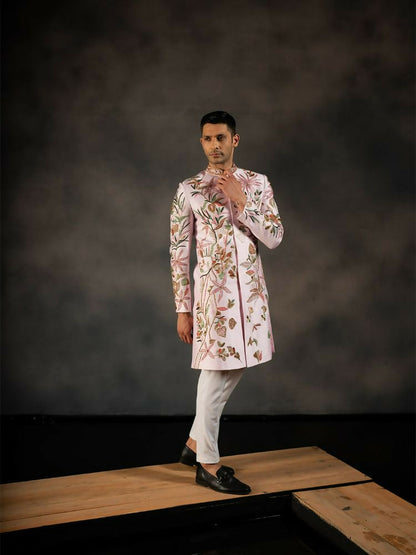 Pink Hand Embroidered Indowestern Sherwani by Hilo Design