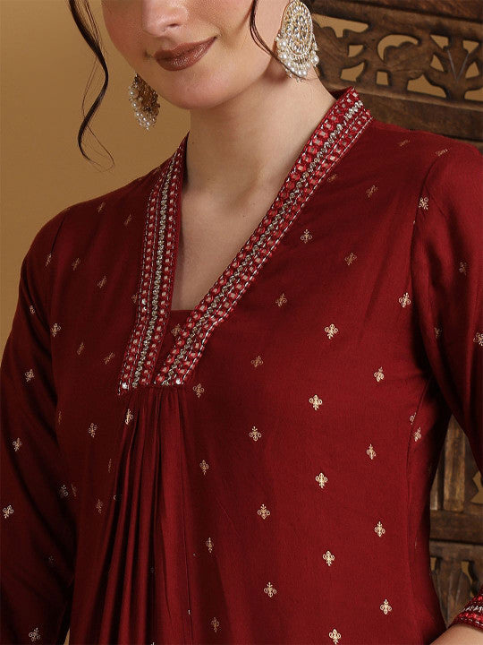 Sangria Semi-Flared 3/4 Sleeves V-Neck Kurta