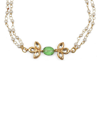 Gold-Polished Green White Kundan Beads Anklet Set Of 2 - Ruby Raang