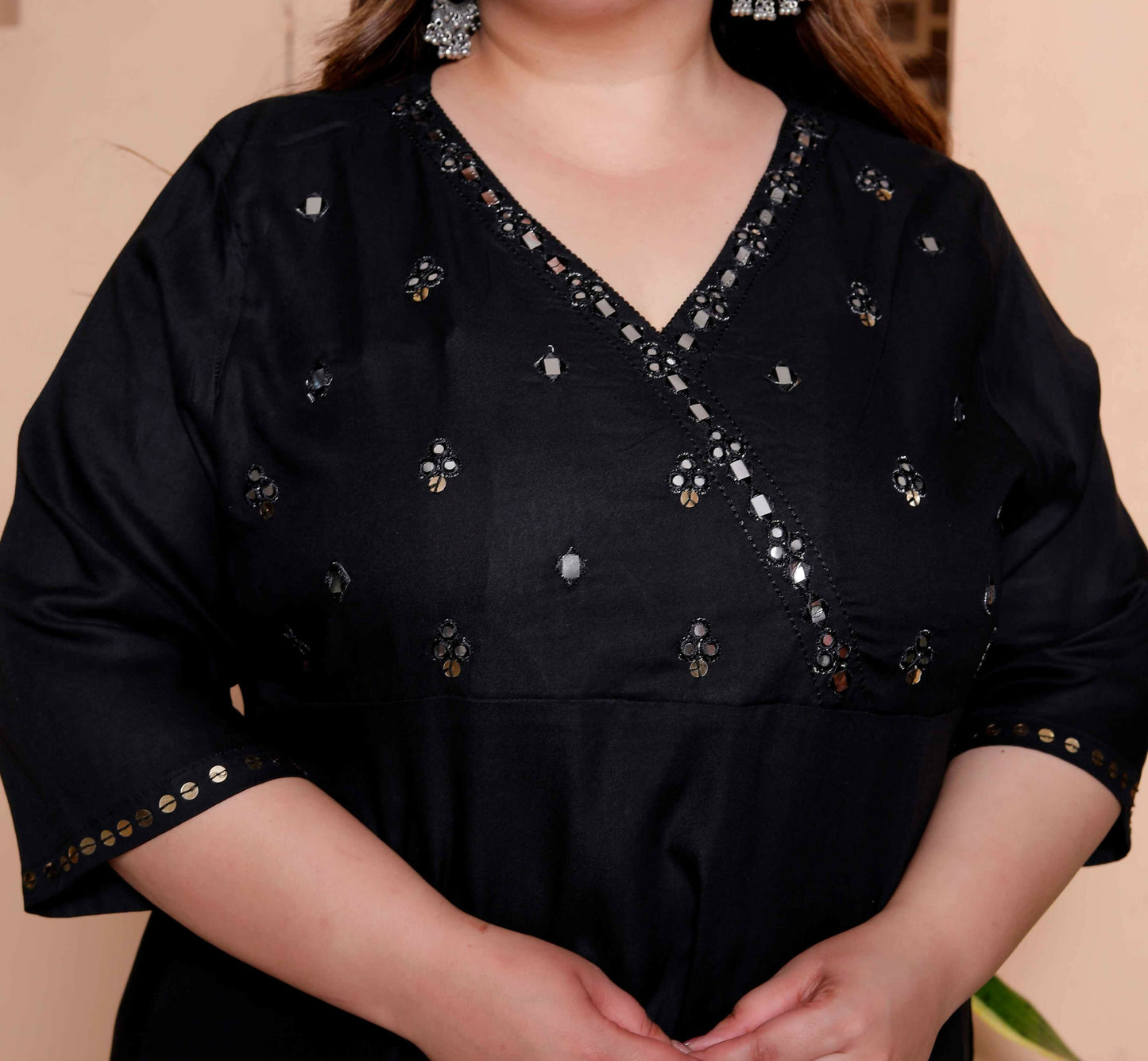 Miravan Womens Plus Size Black Mirror work Angrakha Kurta and Palazzo Set