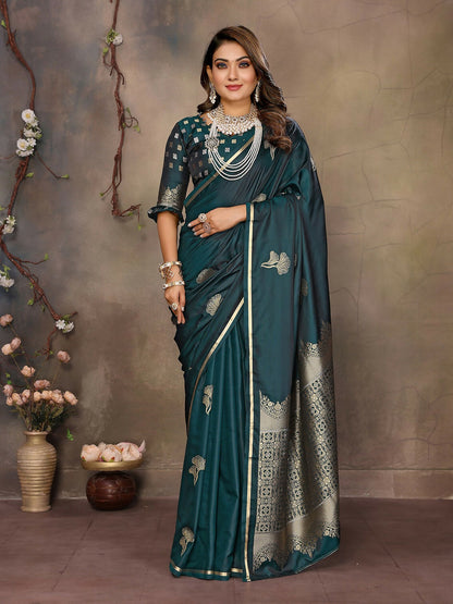 Joban Fashion Teal Floral Motifs Banarasi Silk Sarees