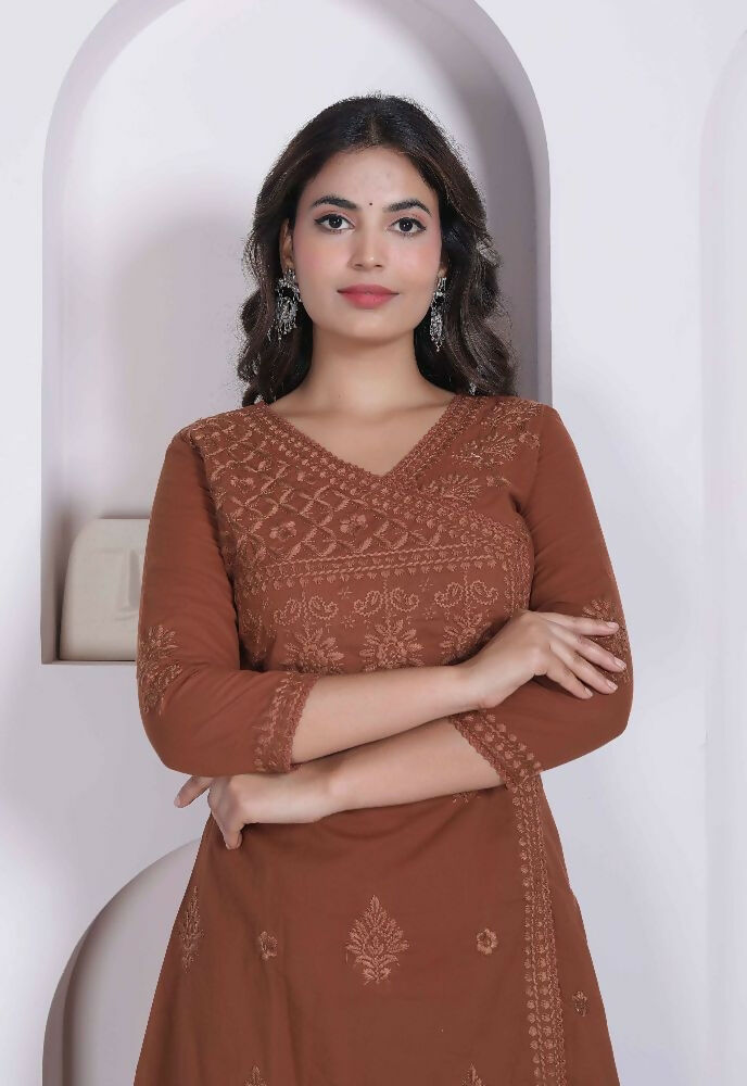 Miravan Womens Brown Floral Printed Angrakha Style Kurta With Palazzo
