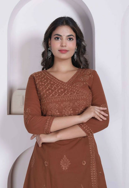 Miravan Womens Brown Floral Printed Angrakha Style Kurta With Palazzo