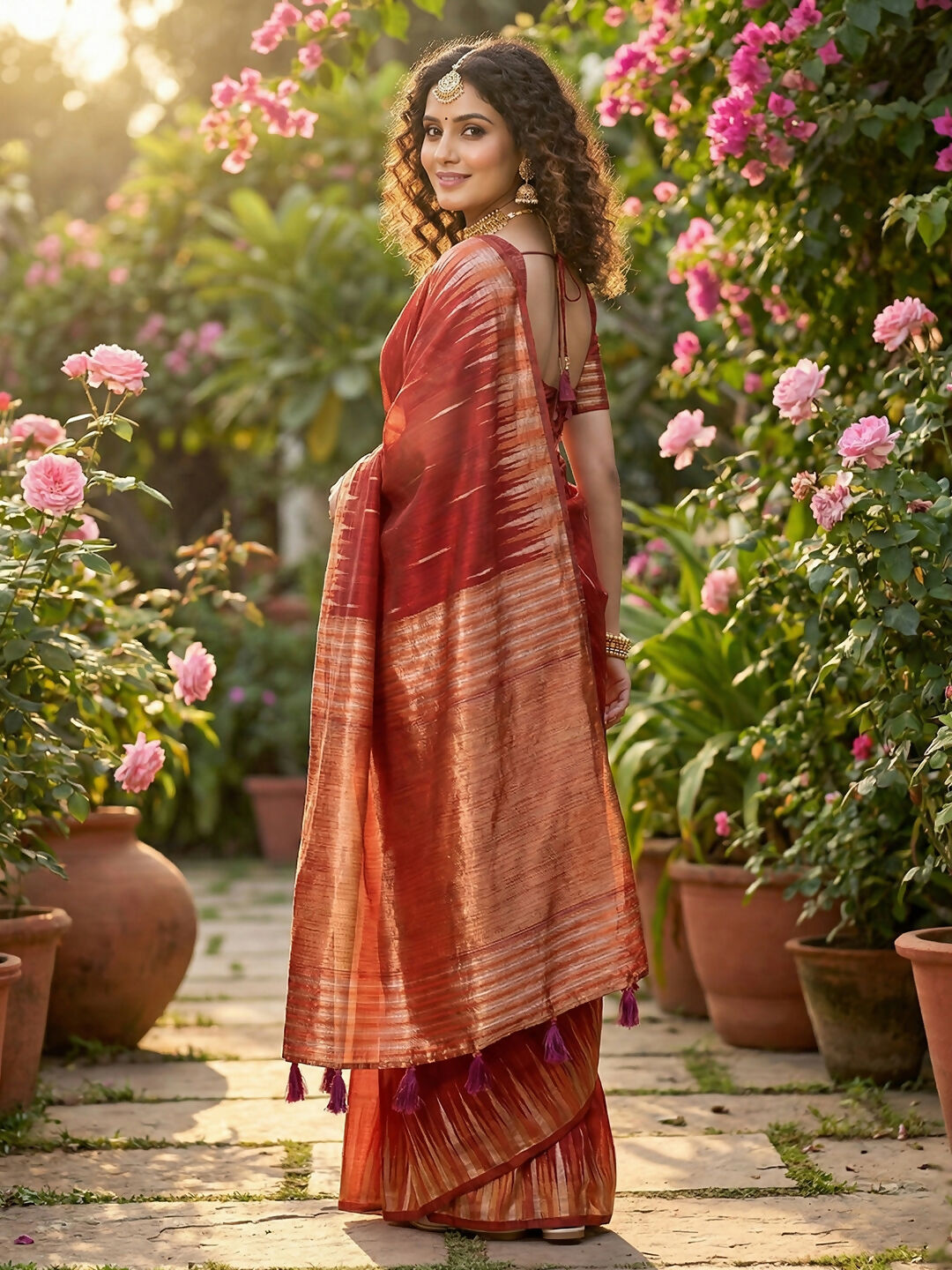 Shree Shyam Fashion Red Linen Cotton Saree