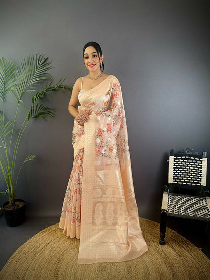 Joban Fashion Beige Floral Motifs Banarasi Silk Sarees