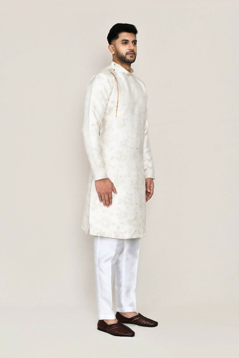 Joban Fashion Cream Colored Jacquard Silk Fabric Kurta With Straight Fit Pant