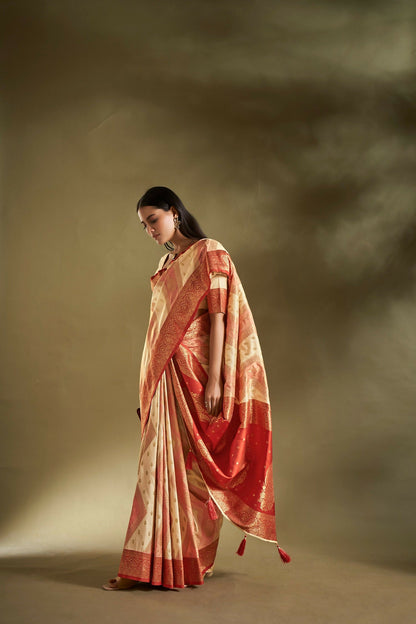 Joban Fashion Cream & Pink Plain With Weaving Border Banarasi Silk Sarees