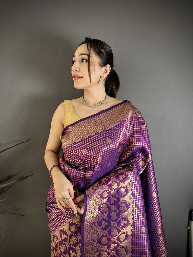 Elora Purple Banarasi Soft Silk Checked Body With Floral Motifs South Pattu Saree