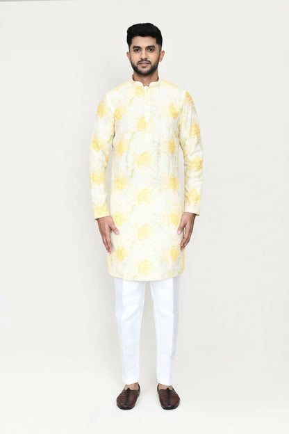 Joban Fashion Yellow Colored Rayon Based With Digital Print Fabric Kurta With Straight Fit Pant