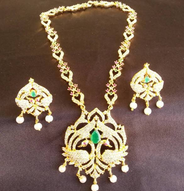Latest Green Beaded AD Peacock Bridal Necklace Set