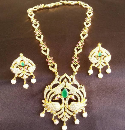 Latest Green Beaded AD Peacock Bridal Necklace Set