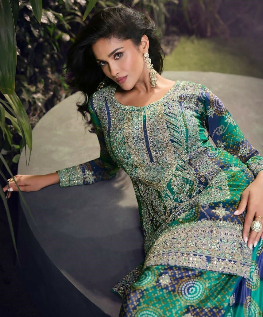 Anaita Blue Chinon Stitched Suit with Embroidery & Sequence Work