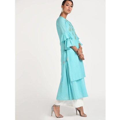 Cheera Women's Anarkali Double Layered Kurta With Contrast Embroidery And Side Dori Tasal (CH020K)