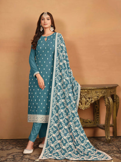 Anaita Teal Embroidered Faux Georgette Salwar Suit