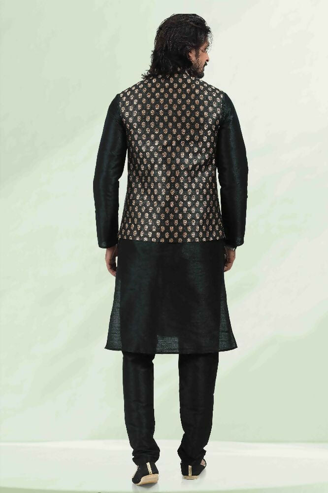 Raivat Ethnic Jacquard Banarasi Silk Woven Work 3 Pics Jacket Set In Black Colour
