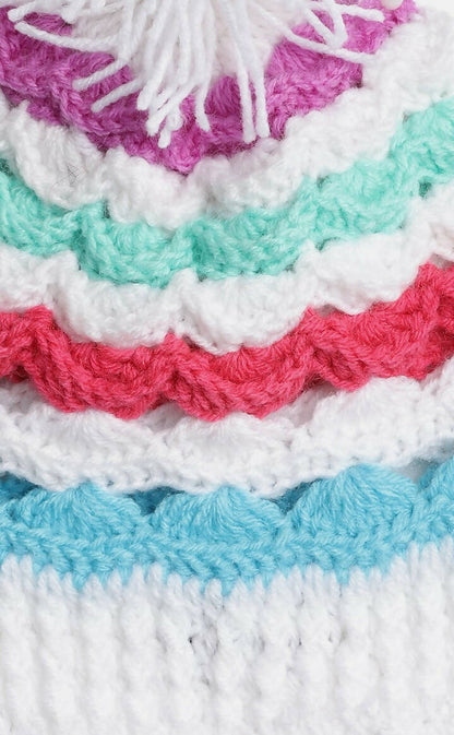 Chutput Kids Woollen Hand Knitted Striped Design Detailed Bobble Cap - Multi