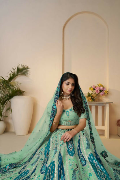 Kesar Fab Sky-Blue Banarasi Silk Embroidered Lehenga