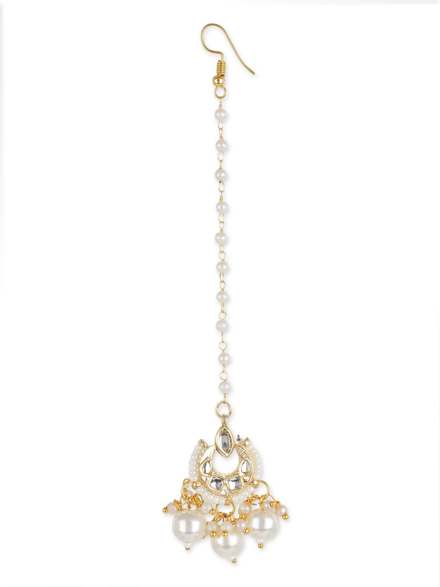 Gold-Polished White Kundan-Studded Beaded Layered Maang Tikka - Ruby Raang