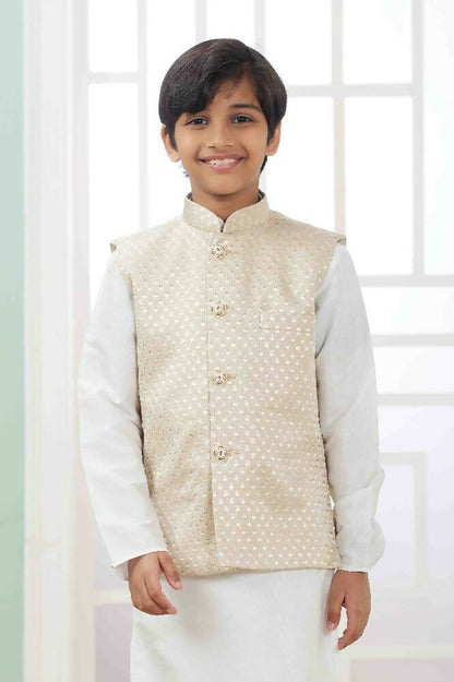 Raivat Ethnic Art Silk Embroidery Work 3 Pics Jacket Set In Off White Colour