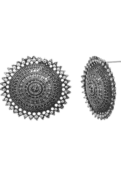 Mominos Fashion Johar Kamal Oxidised Silver-Plated Long Chain with Pendant & Studs For Women