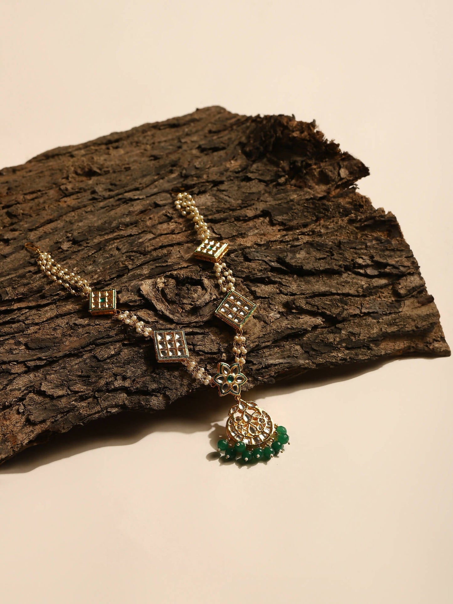 Gold-Polished White Green Kundan-Studded Pearl Beaded Matha Patti - Ruby Raang