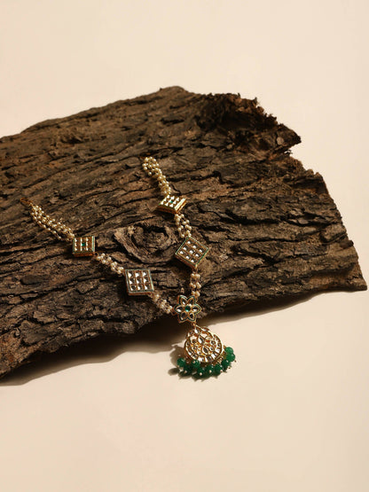 Gold-Polished White Green Kundan-Studded Pearl Beaded Matha Patti - Ruby Raang