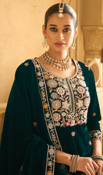 Anaita Dark Green Embroidered Work Velvet Stitched Plazo Suit