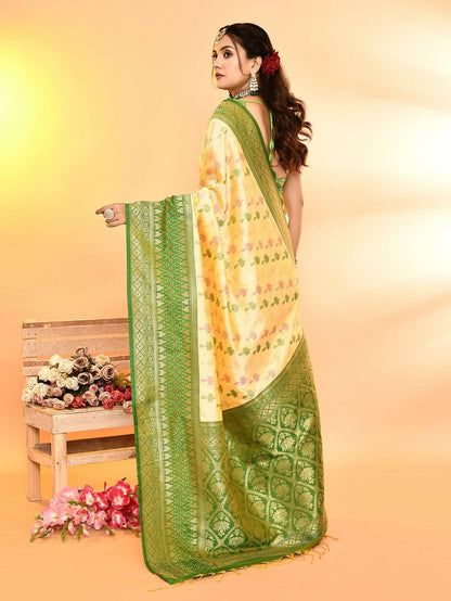 Joban Fashion Light Yellow & Parrot Green Plain With Weaving Border Banarasi Silk Sarees