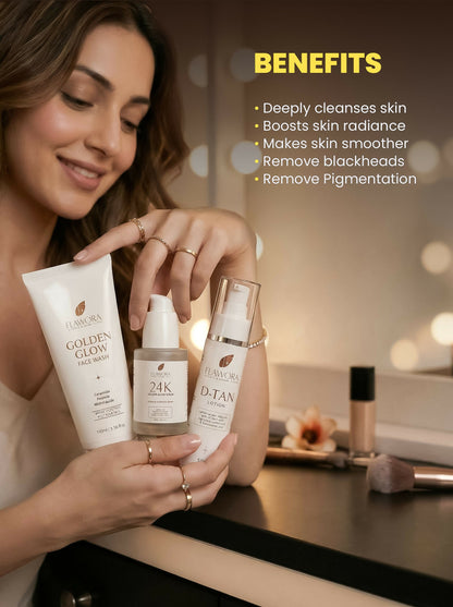 Flawora Set of Golden Glow Face Wash, D-Tan Lotion and 24k Golden Glow Face Serum