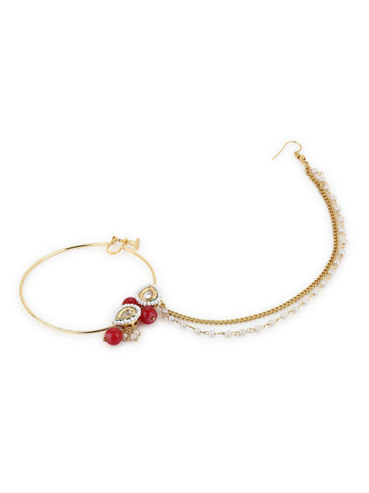 Gold-Pleated Red White Kundan Studded Beaded Nosepin - Ruby Raang