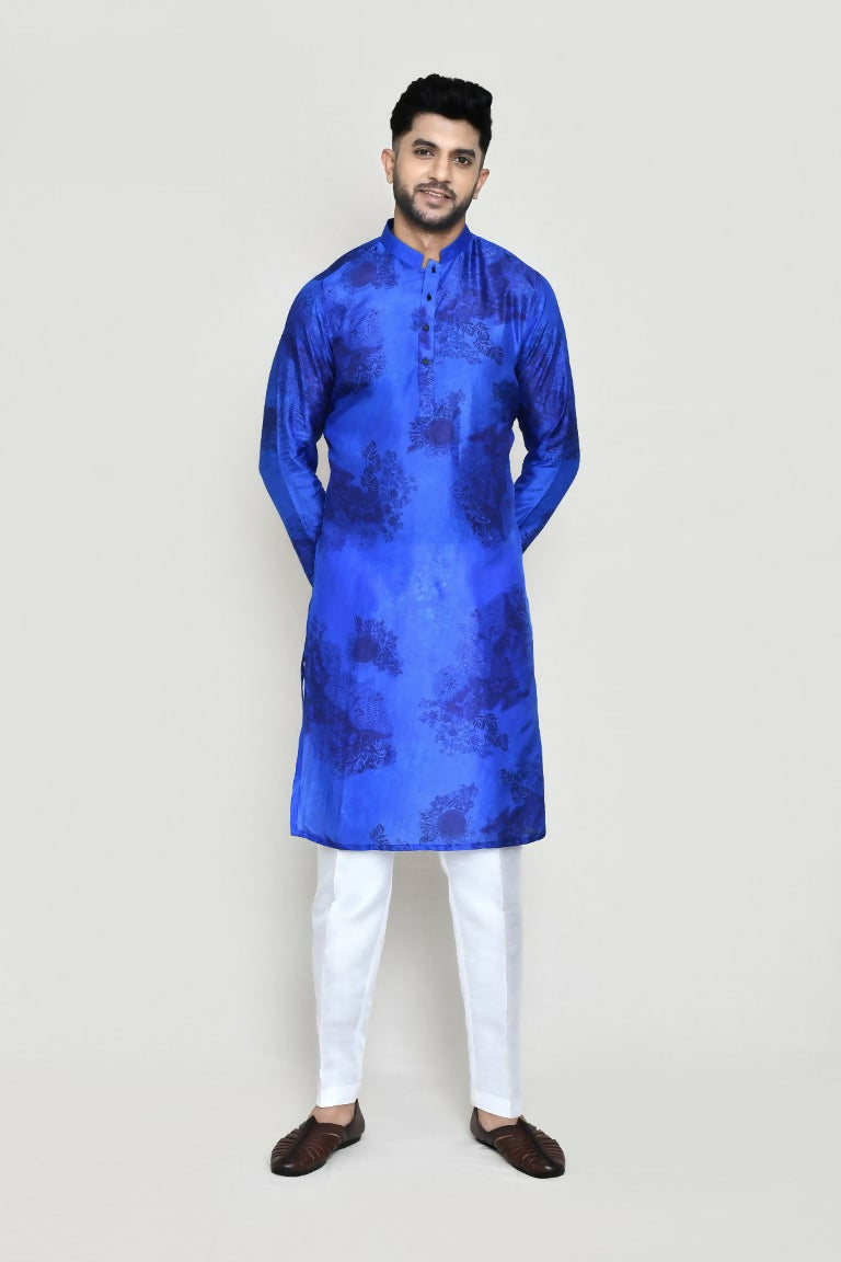 Joban Fashion Royal Blue Colored Cotton Silk Fabric Kurta With Straight Fit Pant