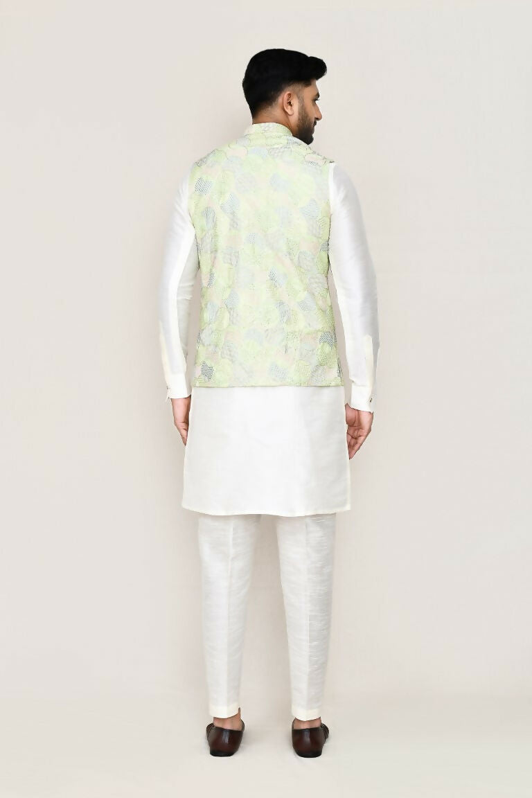 Joban Fashion White Colored Art Silk Fabric Kurta, Jacket With Straight Fit Pant