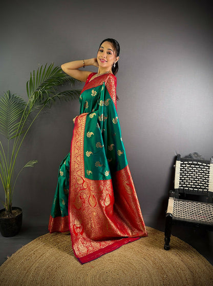 Joban Fashion Banarasi Green Woven Butti Soft Silk Saree