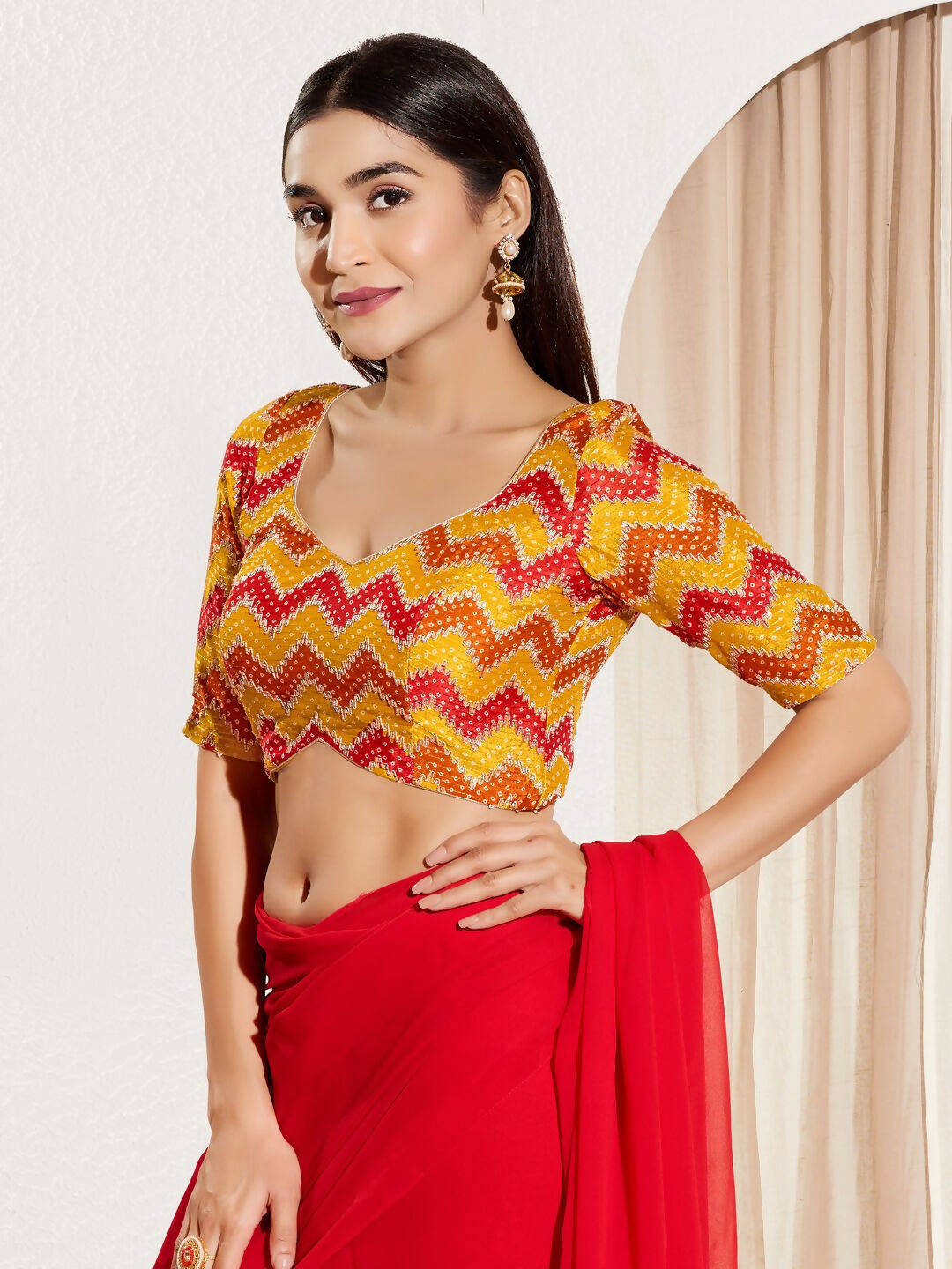 Joban Fashion Yellow Chiffon Padded Blouse With Square Neck Elbow Sleeves