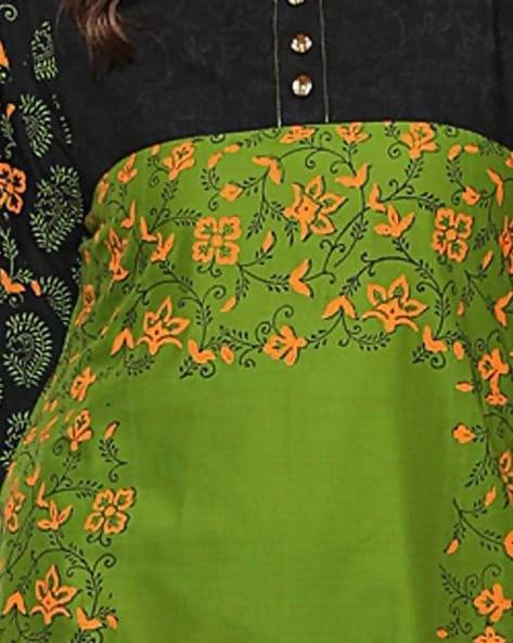 Cheera Hand Block Print Olive Green And Black Anarkali Kurta (MAAI-069K)