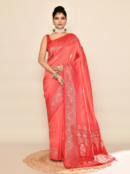 Joban Fashion Peach & Red Plain With Weaving Border Banarasi Silk Sarees