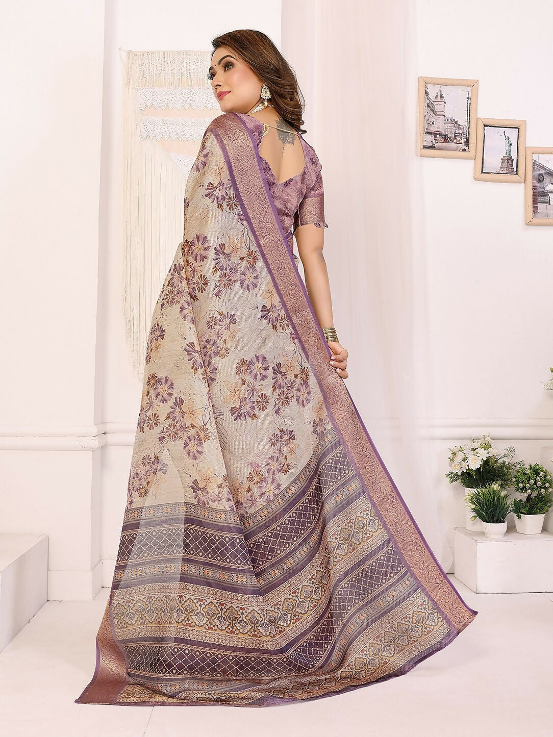 Joban Fashion Lavender Floral Print pattern Banarasi Silk Sarees
