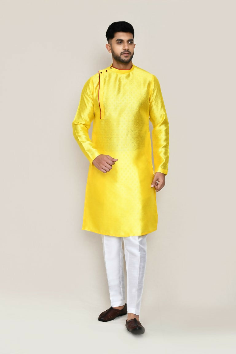 Joban Fashion Yellow Colored Jacquard Silk Fabric Kurta With Straight Fit Pant