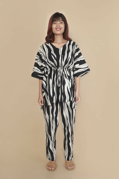 Breathables Women’S Loungewear Kaftan Cotton Black & White Abstract Print Co-Ord Set