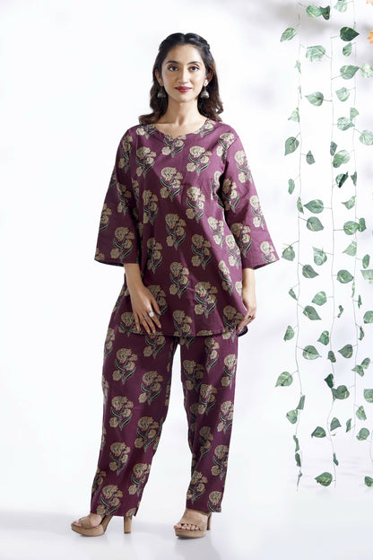 Breathables Wine Butta Cotton Co-Ord Set – Kurta With Straight Pants