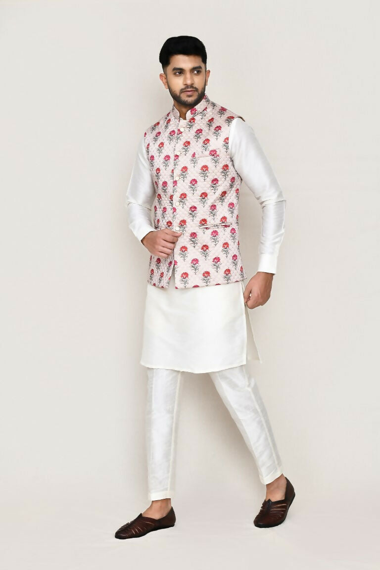 Joban Fashion White Colored Art Silk Fabric Kurta, Jacket With Straight Fit Pant