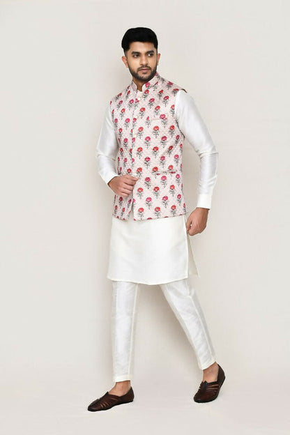 Joban Fashion White Colored Art Silk Fabric Kurta, Jacket With Straight Fit Pant