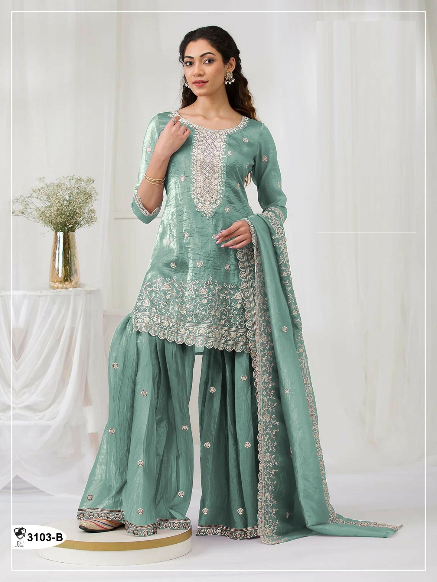 Anaita Sky Blue Gold Crush Stitched suit with heavy embroidery work