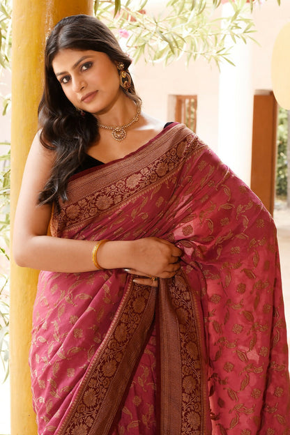 Joban Fashion Dark Pink Crepe Chiffon Pure Handloom Banarasi Silk Saree