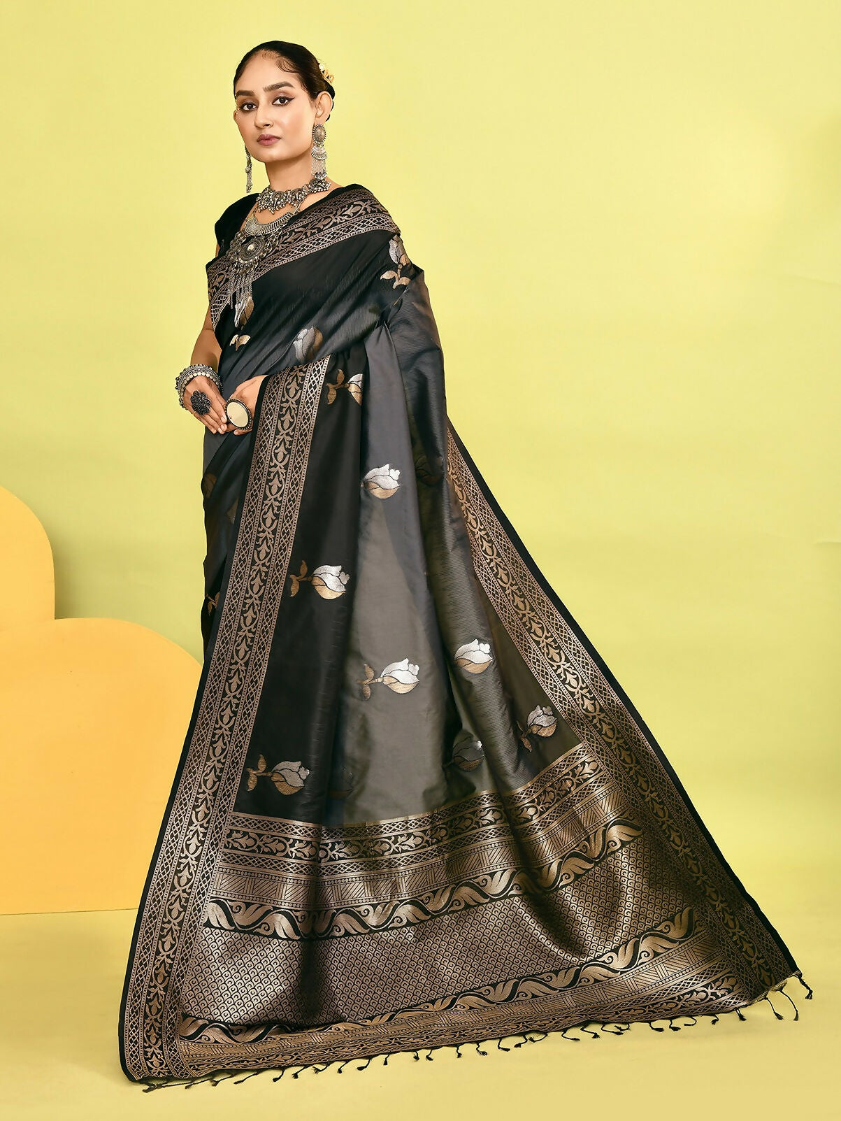 Joban Fashion Grey & Black Plain With Weaving Border Banarasi Silk Sarees